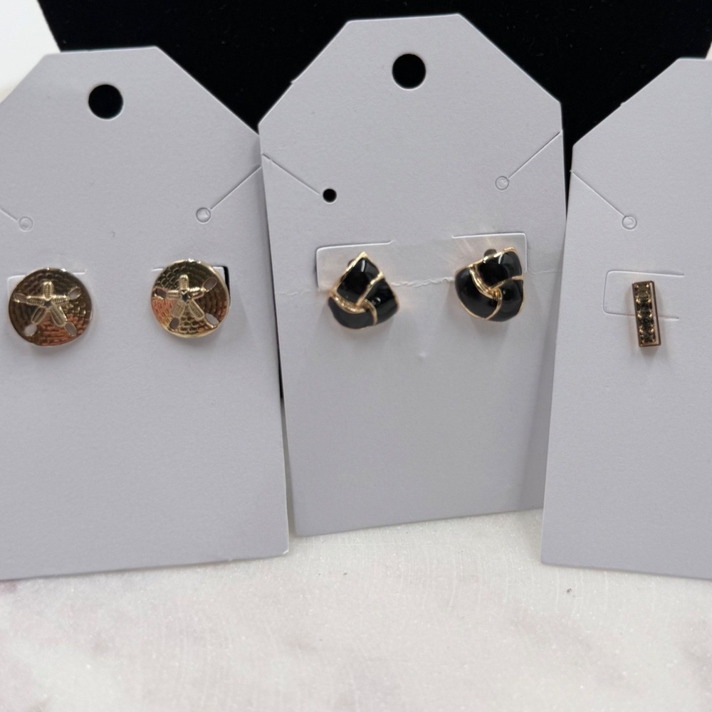 Gold Tone Stud Earring Set 3 Pairs Sand Dollar Black Enamel Crystal Bar Studs - Picture 1 of 6
